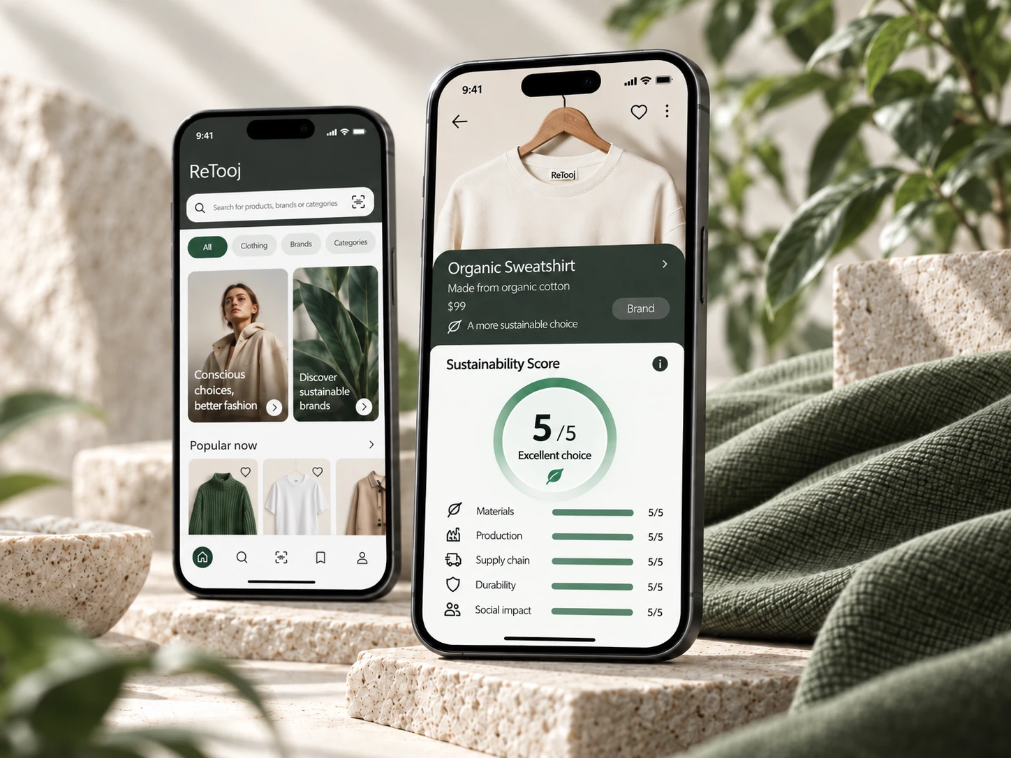 Refined product mockup showing ReTooj mobile screens in a clean editorial composition