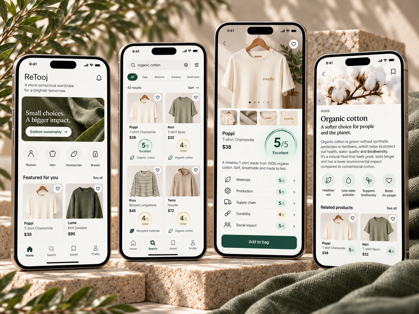 Four ReTooj mobile views showing discovery, search results, product scoring and educational content
