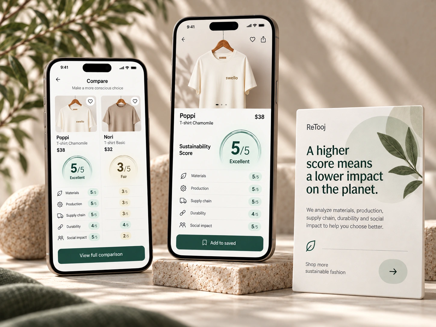 ReTooj comparison and sustainability scoring experience shown in a refined portfolio mockup